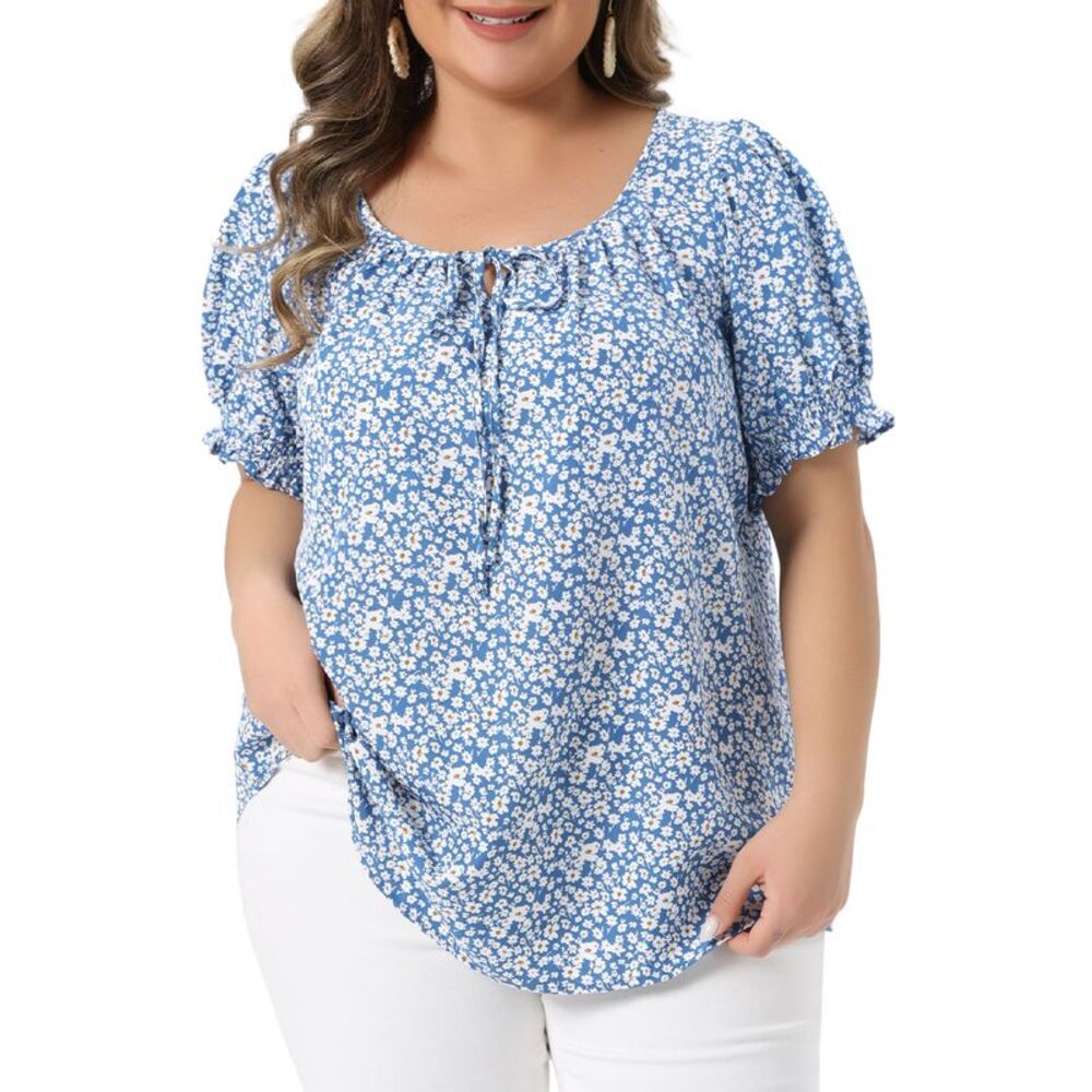 Women Plus Size Scoop Neck Tie Front Floral Summer Tops Blue